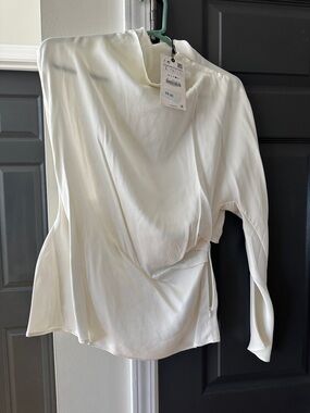 Zara Cream Draped Long-Sleeve Blouse